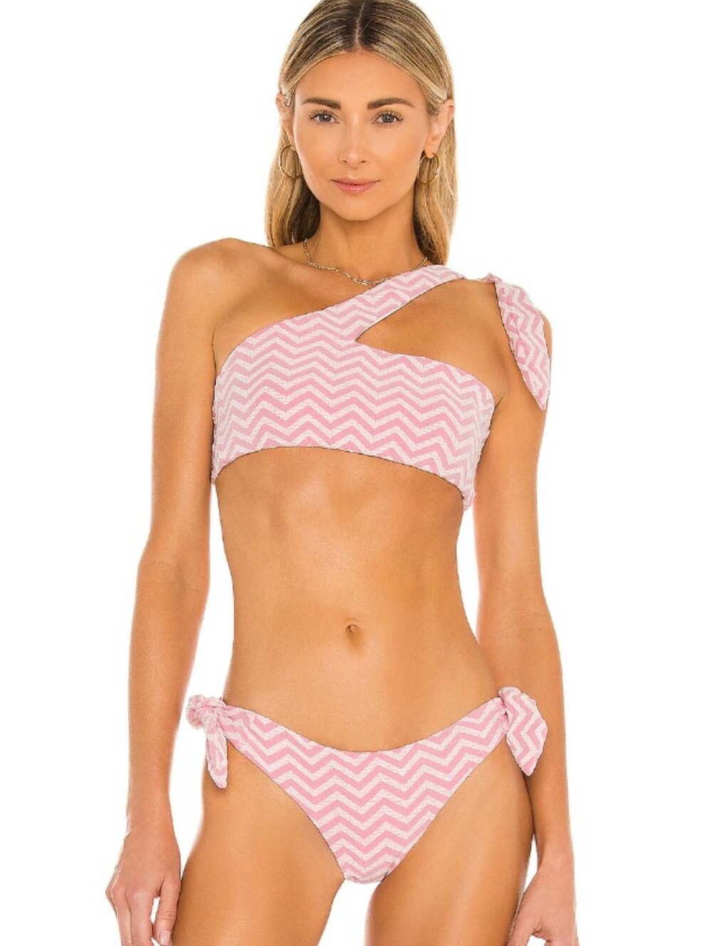 Lovers + Friends Pink/White Sweet Chevron "Shayk" One-Shoulder Tie Bikini Sz XS